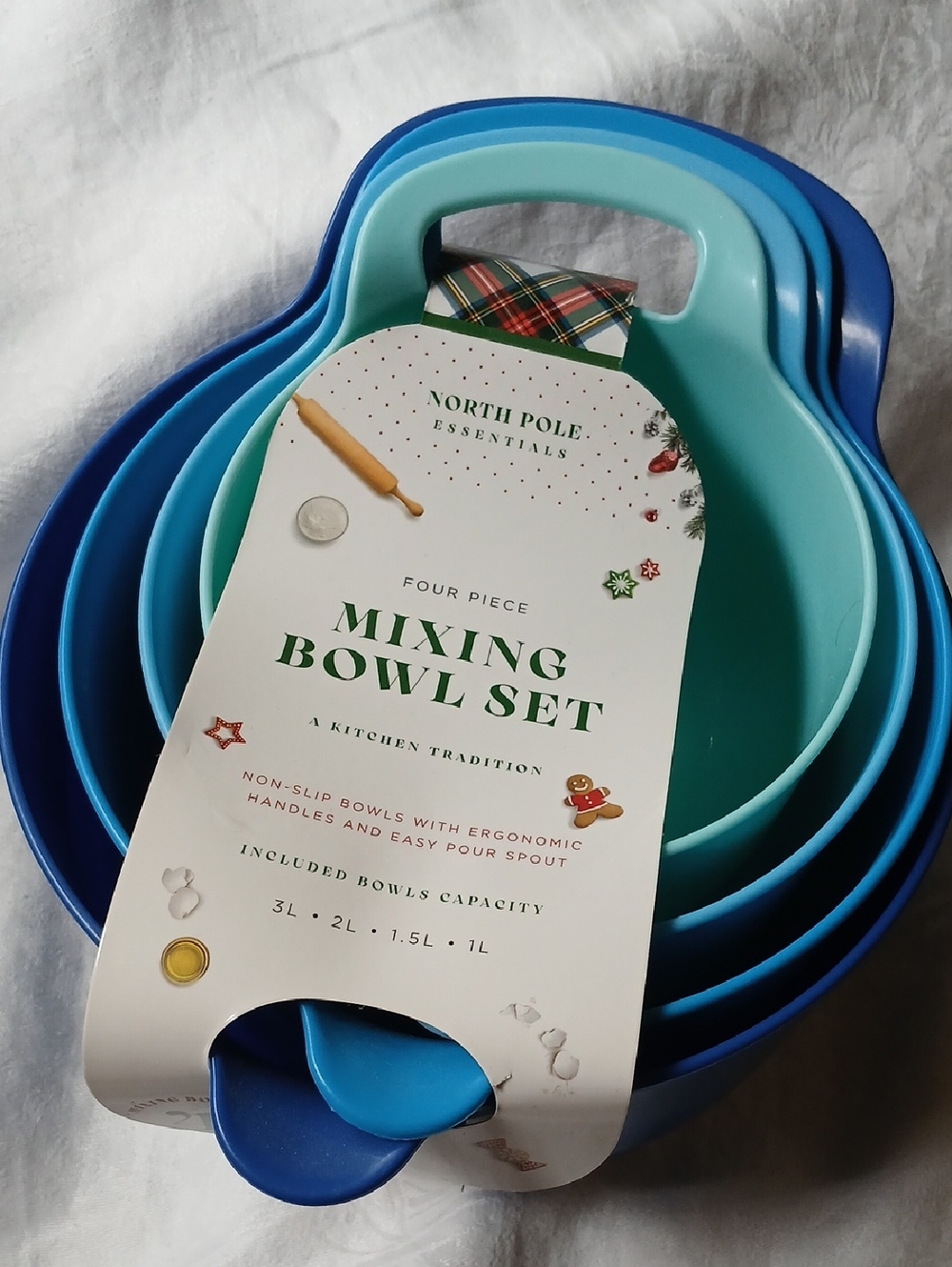 New 4 Piece Blue Nesting Plastic Mixing Bowls Set with Pour Spouts and Handles